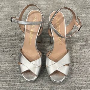 Stuart Weitzman Silver Heels with Metallic Straps